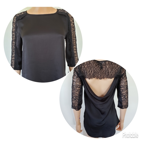 BCBGMaxAzria Tops - BCBGMaxAzria Black Satin Lace Hi Lo Top Blouse XS Goth Whimsygoth